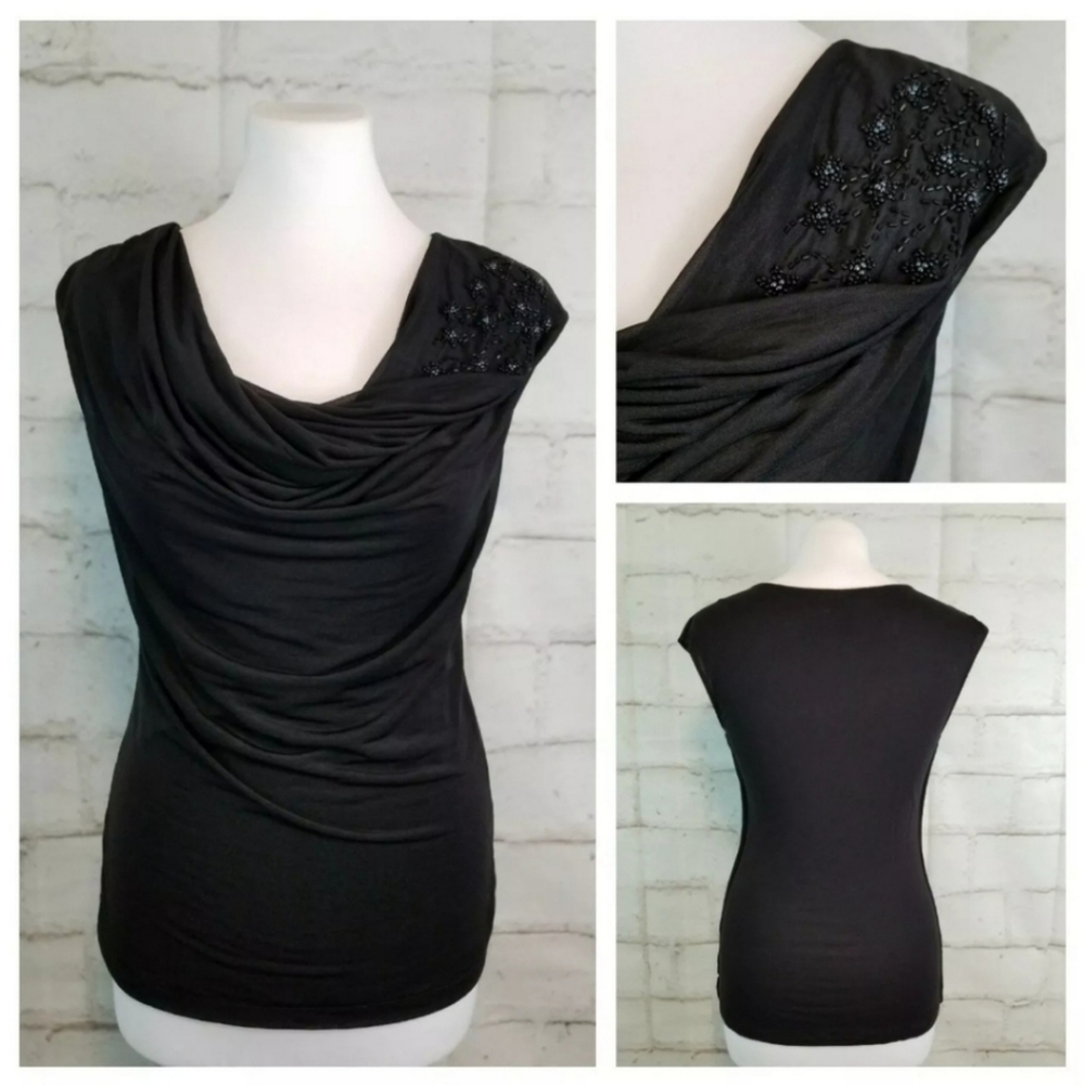 H&M S Black Beaded Cap Sleeve Top Sheer Overlay